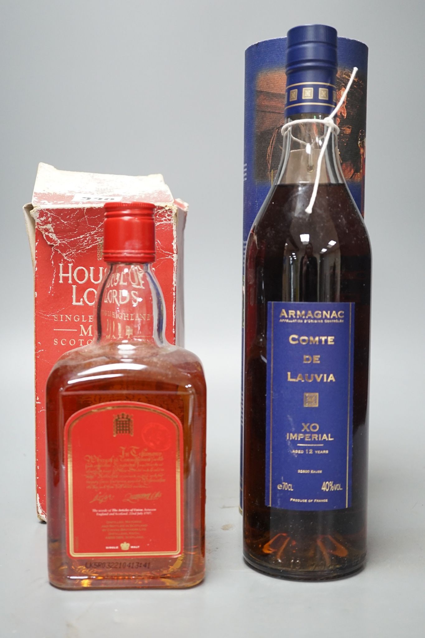 A Compte de Lauvia Armagnac and a House of Lords 10 year old malt whisky